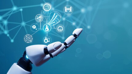 Aufkleber - A robot hand integrated with stock for medical healthcare practices, with visual icons and blue banner background
