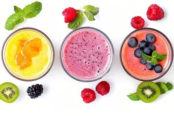 Poster - White background shows a variety of fresh fruit smoothies from the top view.