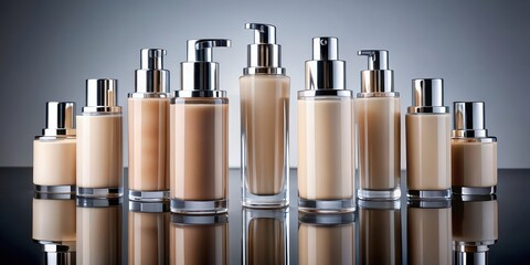 Poster - High end foundation cream bottles arranged on mirrored surface with reflection, beauty, skincare, cosmetics, luxury