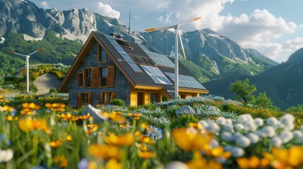 Aufkleber - Families build new houses with solar panels and wind turbines