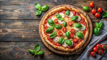 Wall Mural - Classic Pizza Margherita with Fresh Basil on Wooden Cutting Board, pizza, margherita, classic, basil, fresh, Italian