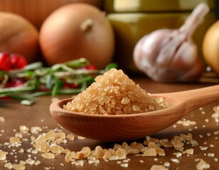 Wall Mural - a pile of natural brown sugar in a wooden spoon on a background of natural ingredients