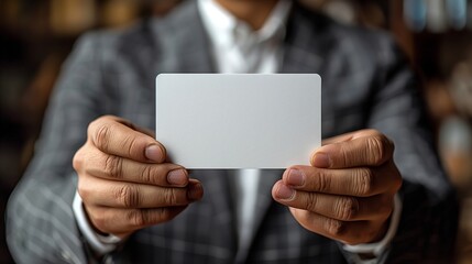 Poster - Man in Grey Suit Holding Blank White Card Indoors