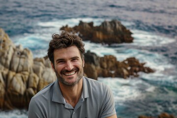 Wall Mural - Portrait of a joyful caucasian man in his 30s wearing a sporty polo shirt isolated in rocky shoreline background