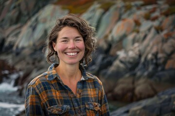 Wall Mural - Portrait of a grinning woman in her 40s dressed in a relaxed flannel shirt in front of rocky shoreline background