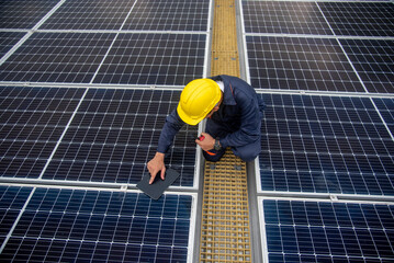 Wall Mural - Workers installing solar panels are building a photovoltaic system on the roof.