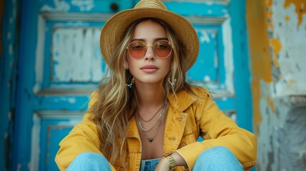 Wall Mural - Woman Wearing Straw Hat and Sunglasses Sitting in Front of Blue Door