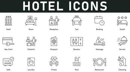 Hotel Icons vector illustration with thin line editable stroke contains room, reception, taxi, booking, hostel, key card, check-in, passport, elevator, massage, service, safe, laundry, fitness, pool