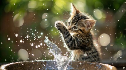 Poster - A kitten playing with water in a birdbath, splashing and having fun