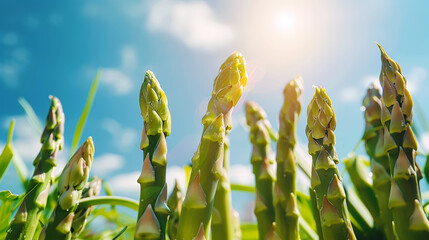 Wall Mural - Asparagus field against the blue sky on a sunny day, aesthetic industrial landscape. Agriculture. Generative AI