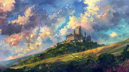 Poster - Illustrate an oil painting of a majestic castle perched on a hill, surrounded by a lush landscape and under a dramatic, cloud-filled sky.