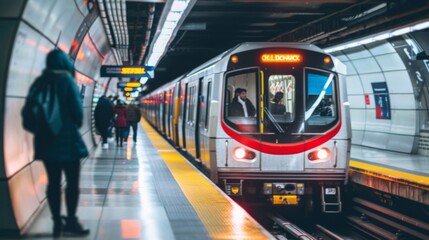 A modern subway train entering a station with commuters waiting on the platform