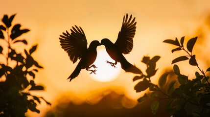 Poster - A pair of lovebirds flying together, their wings creating a heart-shaped silhouette