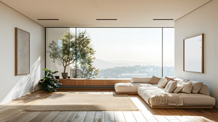 Wall Mural - Modern living room interior. Large bright room with laminate floor
