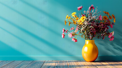 Wall Mural - Wooden table with yellow vase with bouquet of field flowers near empty, blank turquoise wall 