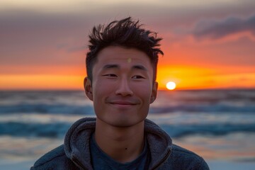 Wall Mural - Portrait of a blissful asian man in his 20s dressed in a comfy fleece pullover over vibrant beach sunset background