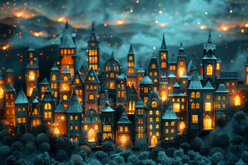 Aufkleber - Close-up of a multi-layered cityscape in a paper-cut style, with dark tones and glowing windows, against a starry night sky,