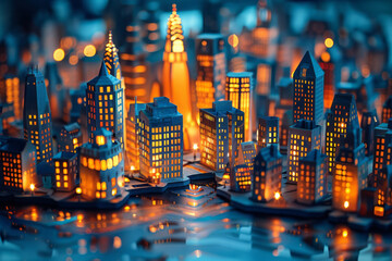 Aufkleber - Close-up of a bustling city street in paper-cut style, with lit windows and dark tones creating depth,