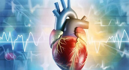 Wall Mural - 3D illustration of a human heart with an ECG line set against a medical themed background design featuring ample copy space highlighting medical technology and cardiovascular health