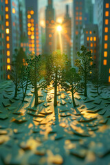 Poster - Close-up of a paper-cut park in the city, with trees casting shadows and glowing buildings in the background,