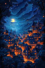 Poster - Detailed image of a layered paper-cut cityscape with tall buildings and glowing windows against a starry night,