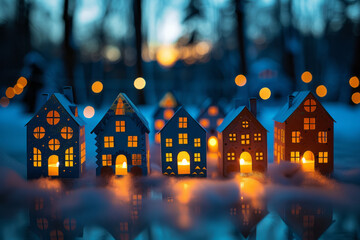 Aufkleber - Detailed view of a row of paper-cut houses with lit windows, creating a warm contrast against the dark sky,