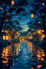 Aufkleber - Close-up of a nighttime river scene in paper-cut style, with reflections of city lights and stars above,