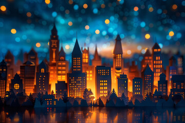 Aufkleber - Detailed image of a paper-cut downtown area with glowing windows and a dark, starry background,