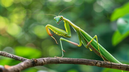 Aufkleber - A praying mantis perched on a twig, its head turned to observe its surroundings