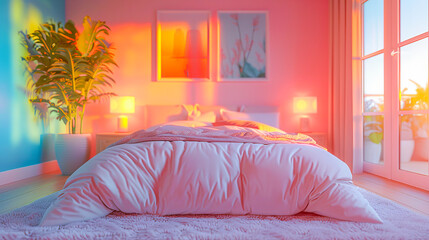 Wall Mural - Cozy bedroom with pastel colors illuminating a comfortable bed for sleep and rest