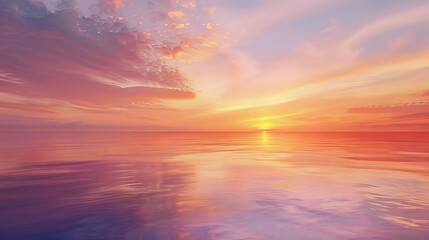 Wall Mural - Illustrate an oil painting of a tranquil sunset over a calm lake, with the sky painted in warm hues of orange, pink, and purple, reflecting on the water's surface.