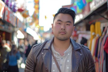 Wall Mural - Portrait of a content asian man in his 20s sporting a stylish leather blazer in front of vibrant market street background