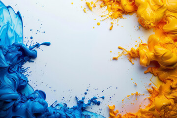 Poster - Close-up of vibrant yellow and blue watercolor splashes forming abstract spring flowers, with a clean white space for text,