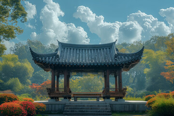 Close-up of a tranquil sitting area in a Chinese garden, with a sky filled with dreamy white clouds,