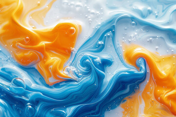 Poster - Close-up of swirling yellow and blue watercolor creating abstract floral shapes, with a clean, white background for copy,