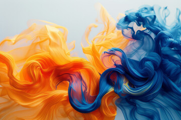 Poster - Close-up of swirling yellow and blue watercolor creating abstract floral shapes, with a clean, white background for copy,
