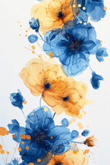 Poster - Detailed image of dynamic yellow and blue watercolor splashes resembling spring flowers, leaving room for copy in the center,