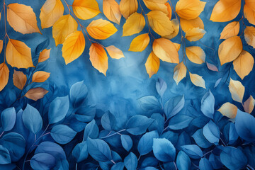 Poster - Detailed view of yellow and blue watercolor blending into floral patterns, leaving clear space for copy in the center,
