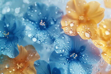 Poster - Macro shot of delicate yellow and blue watercolor droplets forming floral patterns, with clear space for text,