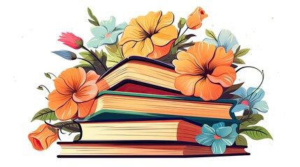 Wall Mural - A stack of books with flowers 