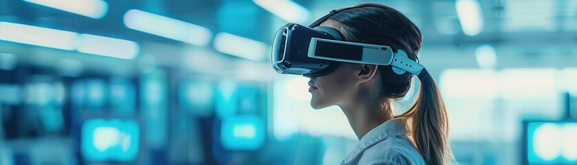Digital wellness in VR, physical rehab, immersive treatment, technology tone, Analogous Color Scheme, side view, nextgen rehabilitation, copy space for text,
