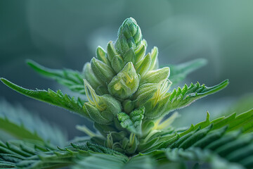 Wall Mural - Macro shot of marijuana plants showing the early stages of flowering, with intricate details on the buds,
