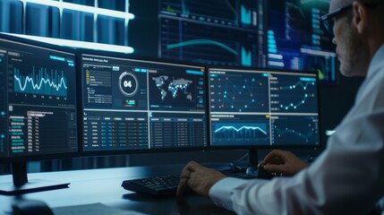 Business analyst using computer dashboard for data analysis and management system with kpi metrics, connected to database for finance, operations, sales, marketing