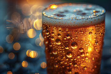 Poster - Detailed shot of a beer glass with a thick, frothy head, water droplets clinging to the glass in the warm light,