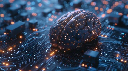 Poster - Futuristic Digital Brain with Artificial Intelligence Concept - 3D Rendered High-Tech Background for Business Innovation, Technology, and Data Analysis Applications