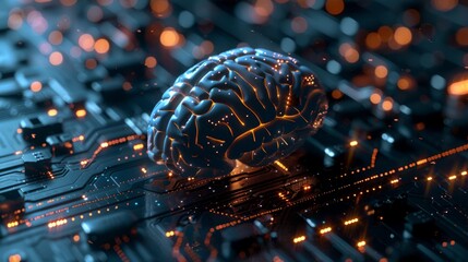 Poster - Futuristic Digital Brain with Artificial Intelligence Concept - 3D Rendered High-Tech Background for Business Innovation, Technology, and Data Analysis Applications