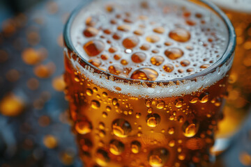 Poster - Macro shot of a beer glass with a frothy head spilling over, water droplets creating a refreshing appearance,