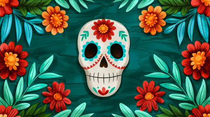 Wall Mural - Ink watercolor illustration depicting the vibrant blend of crimson red and cool emerald green hues for Day of the Dead banner design watercolour background 