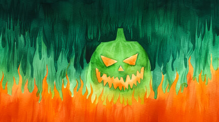 Poster - Ink watercolor illustration depicting the vibrant interplay of neon green and deep orange hues embodying Halloween spirit banner design watercolour background 