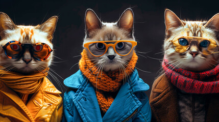 Wall Mural - Three cats pose for a portrait, each wearing a different outfit, including scarves and sunglasses